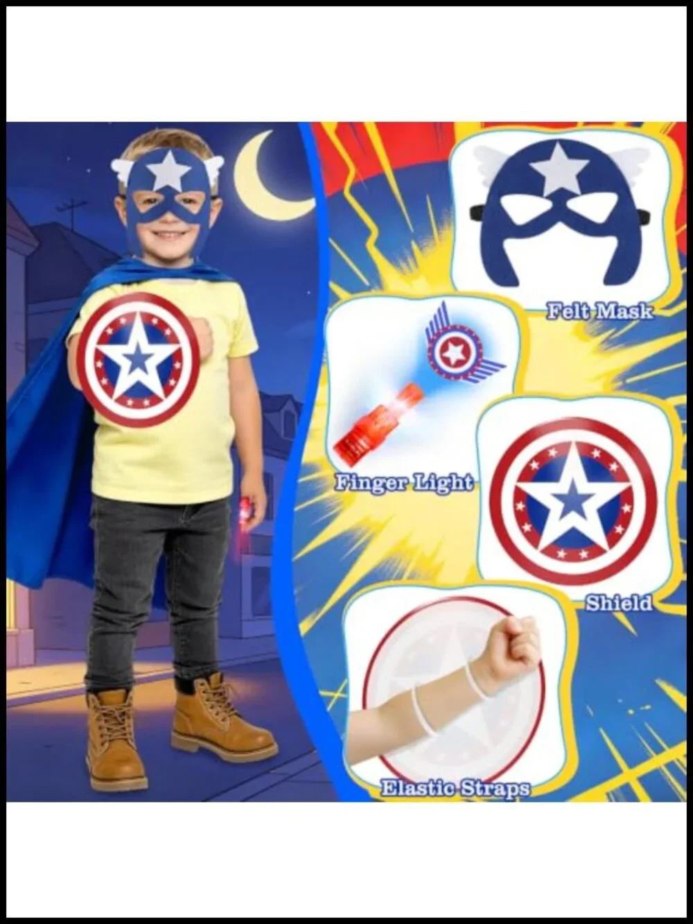 Superhero Cape Set with Masks, Gloves, Shield, Finger Lights Role-Play Costume